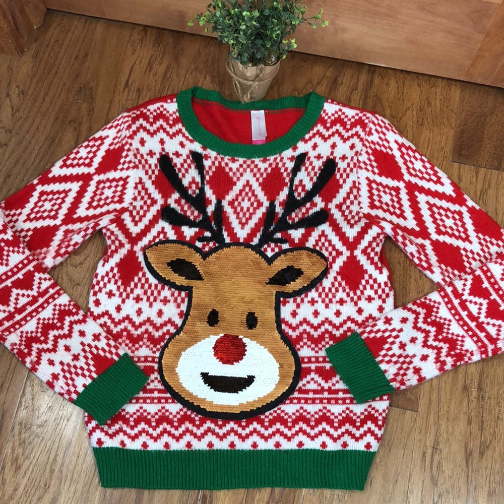Reversible Sequined Reindeer Holiday Sweater
